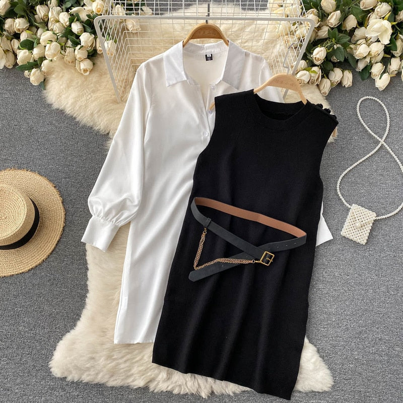 Stylish Lantern Sleeve Blouse & Knitted Vest | Two-Piece Set