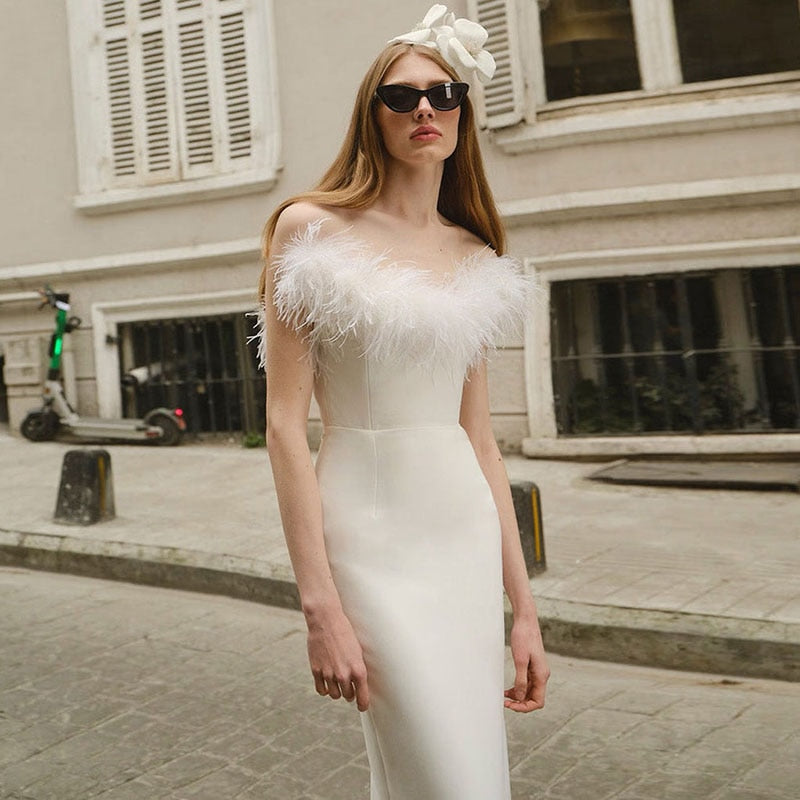 Sexy Trägerloses Feder-Bodycon-Kleid | Rückenfreies Midi-Bandage-Party-Kleid