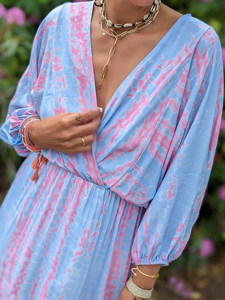 Geometrischer Print Boho Puffärmel V-Ausschnitt Kleid | Strandurlaub Kleidung
