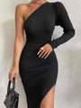 Gestricktes One-Shoulder Midi-Kleid mit langen Ärmeln | Vintage-Stil