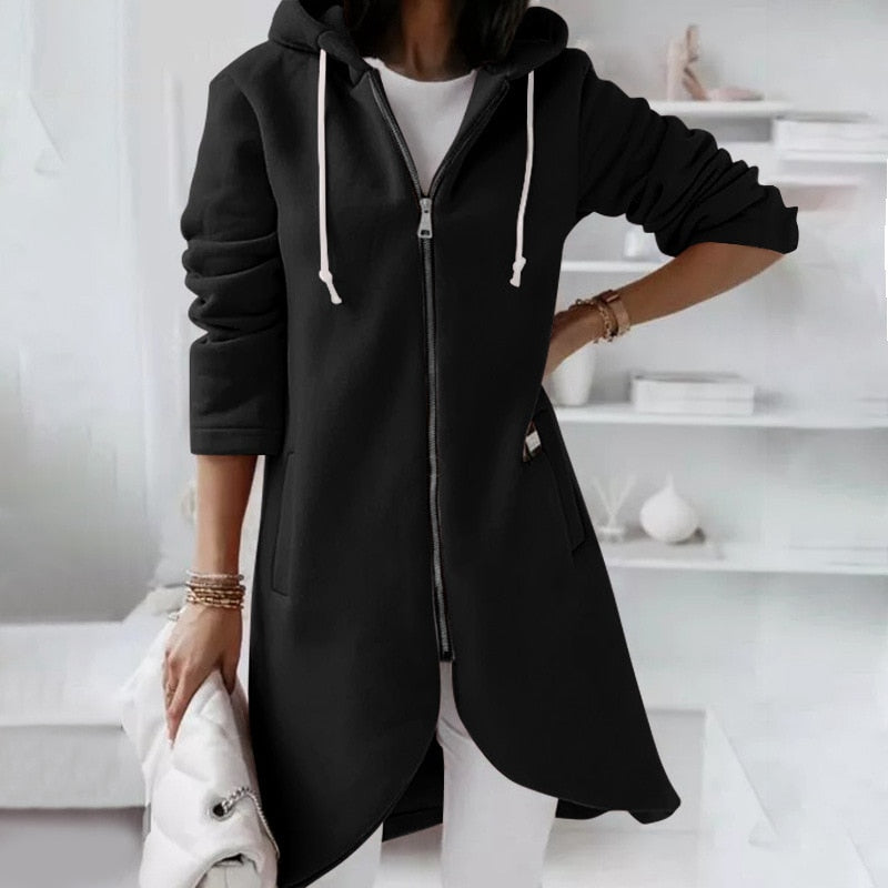 Mid-length coat with hood