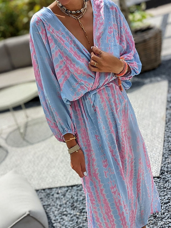 Geometrischer Print Boho Puffärmel V-Ausschnitt Kleid | Strandurlaub Kleidung
