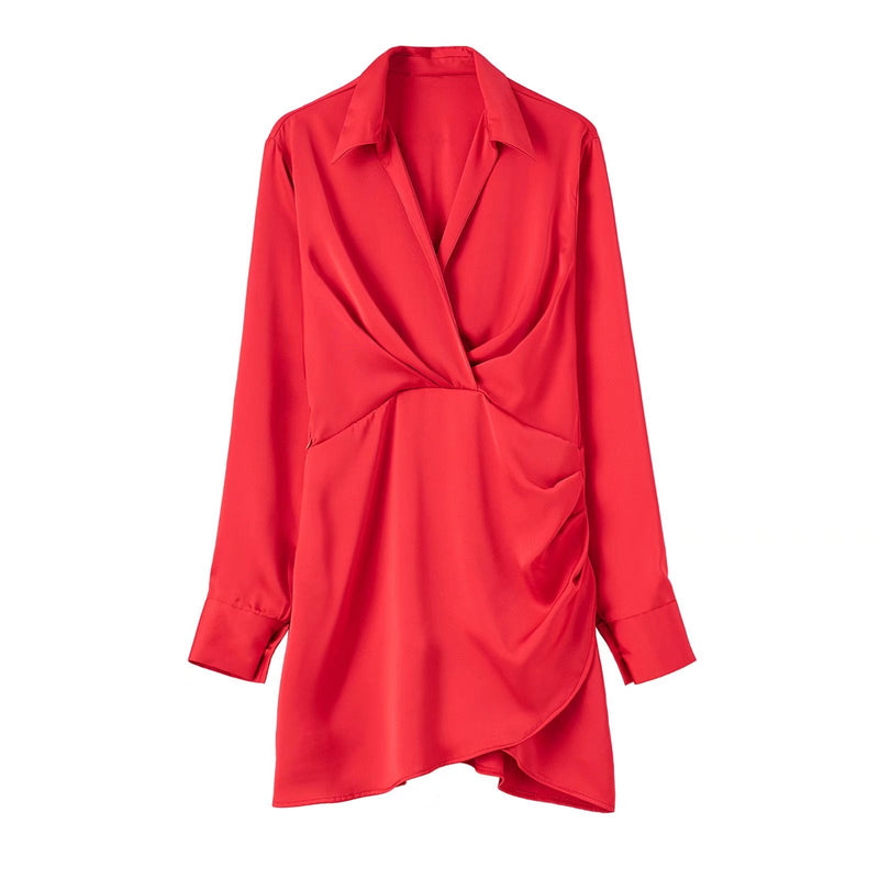 Elegante Roze Satijnen Wikkeljurk | Lange Mouwen Mini Jurk