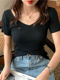 Zomer V-Hals Geribd Slim Fit T-Shirt | Korte Mouw Gebreide Pullover