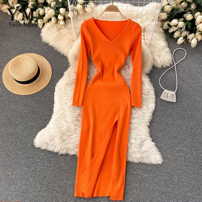 Herbst-Winter Hoher Schlitz Pullover Enges Elastisches Bodycon-Kleid | Langarm-Party-Kleid