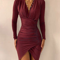 Sexy V-Hals Geraffineerde Bodycon Jurk | Nieuwjaarsfeestjurk | Asymmetrische Mini