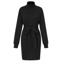 Slim Fit Rollkragen Mini Kleid mit langen Ärmeln | Taillierter Strick mit Gürtel
