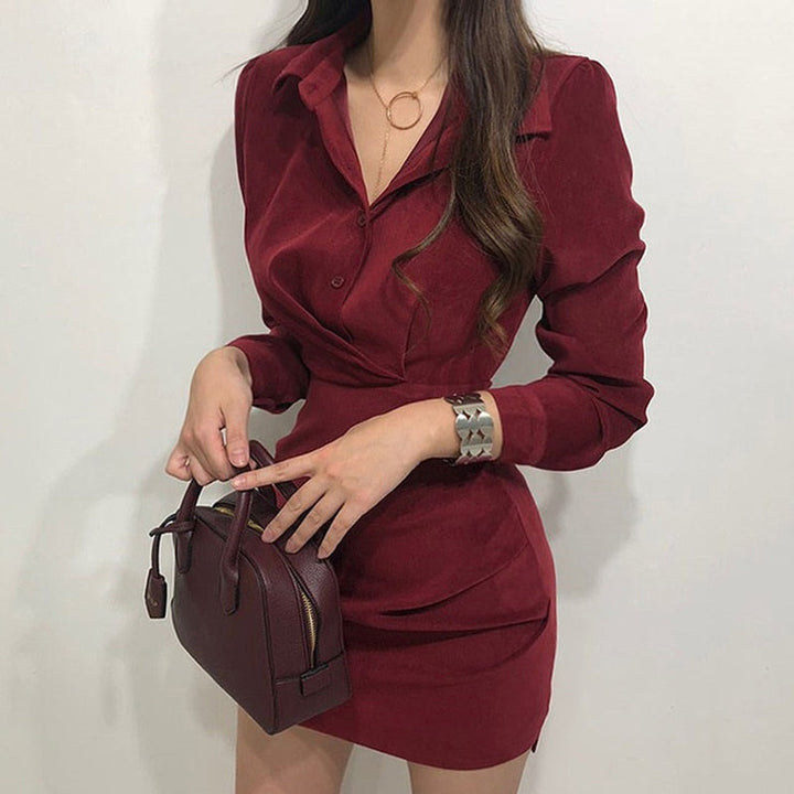 Schicke Umlegekragen Einreihige Bandkleid | Hohe Taille Falten Bodycon