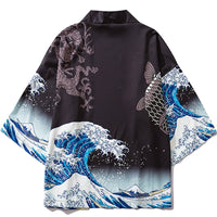 Japanese Wave Carp Print Coat Traditional