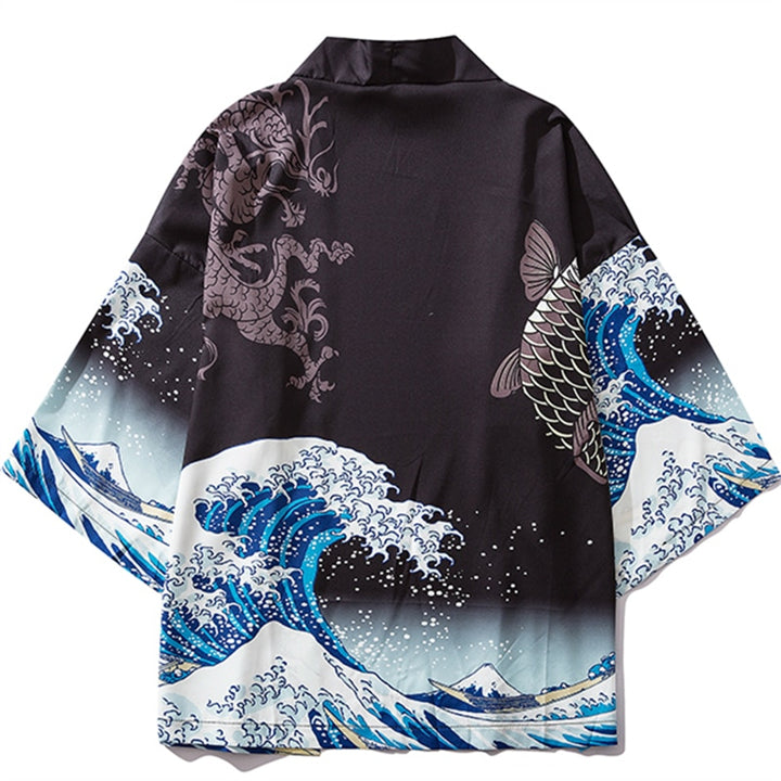 Japanese Wave Carp Print Coat Traditional