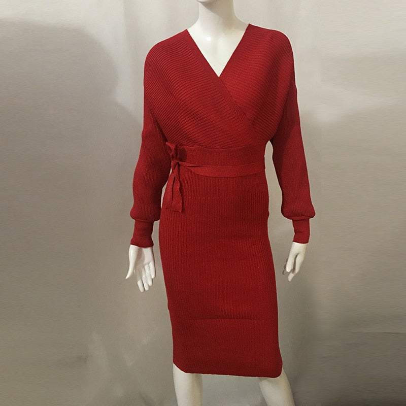 Gestrickte Kleider Herbst Winter Mode | Fledermausärmel V-Ausschnitt Midikleid