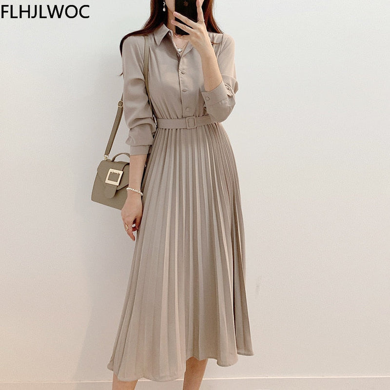 Elegant High Waist Pleated Maxi Dress | Long Sleeves With Belt