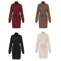 Slim Fit Rollkragen Mini Kleid mit langen Ärmeln | Taillierter Strick mit Gürtel