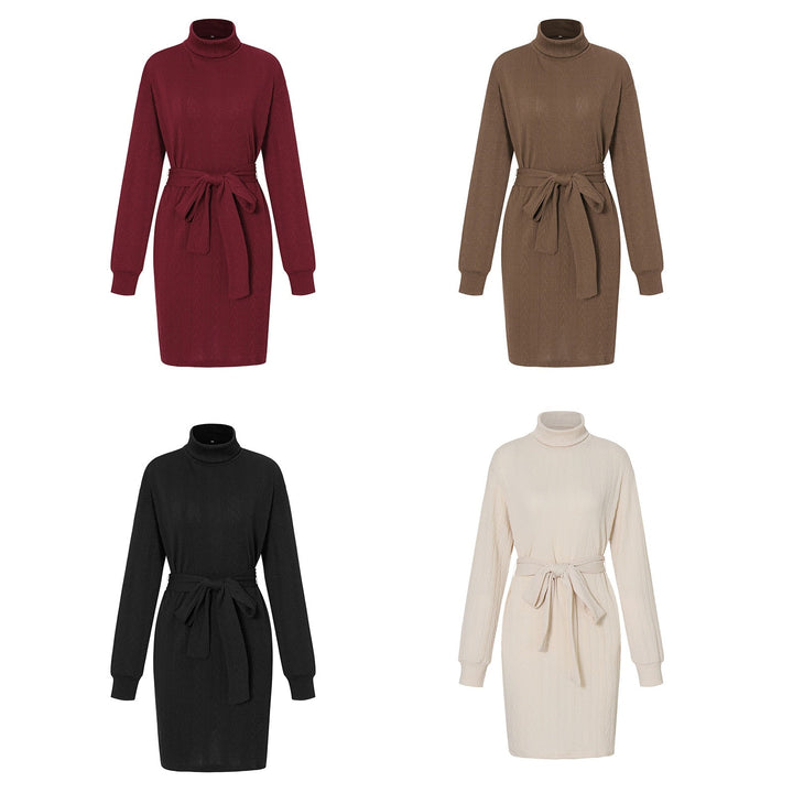 Slim Fit Rollkragen Mini Kleid mit langen Ärmeln | Taillierter Strick mit Gürtel