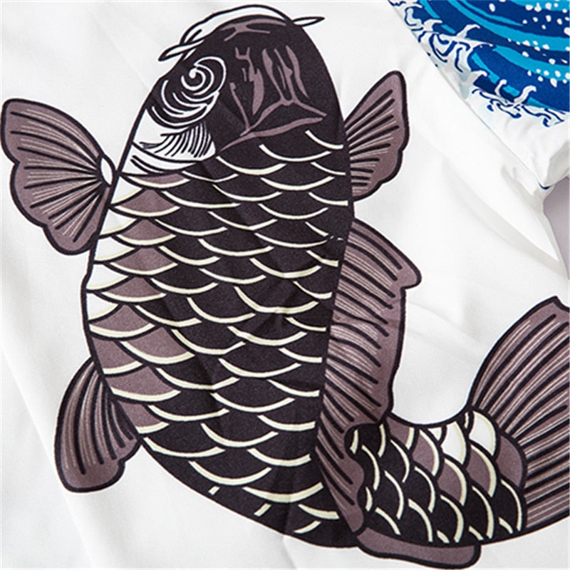 Japanese Wave Carp Print Coat Traditional