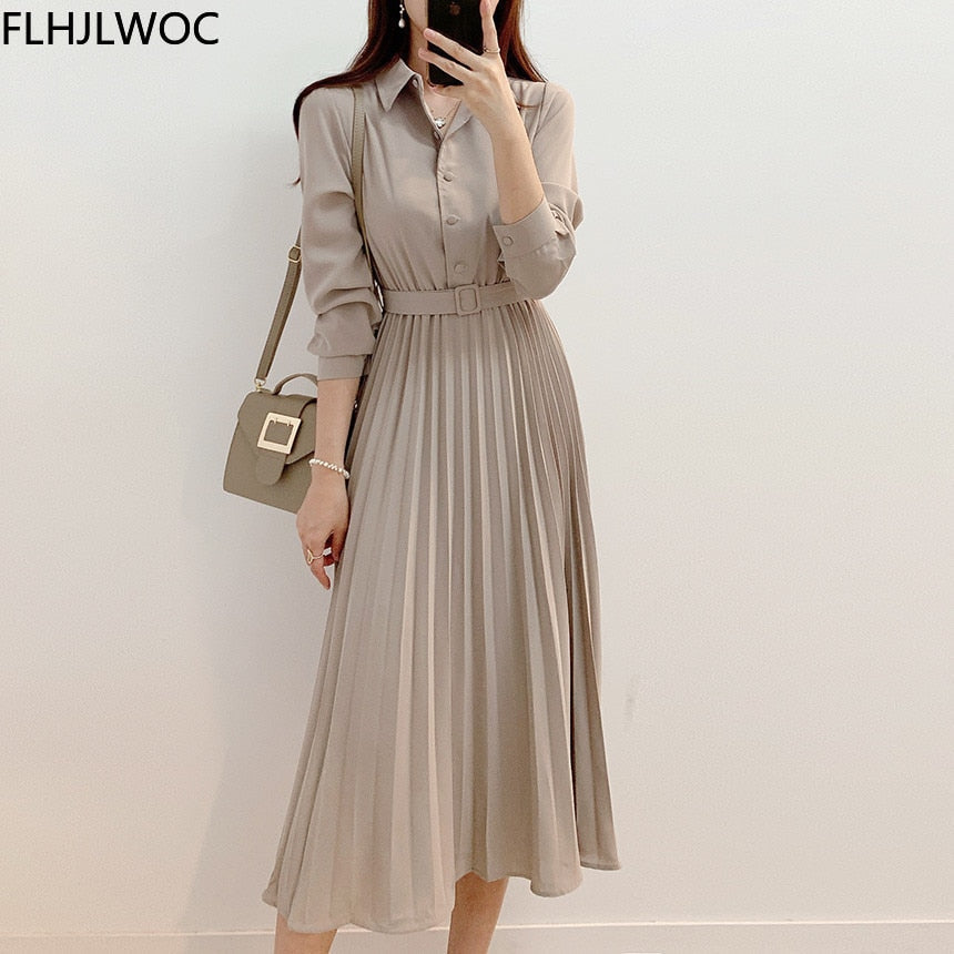 Elegant High Waist Pleated Maxi Dress | Long Sleeves With Belt