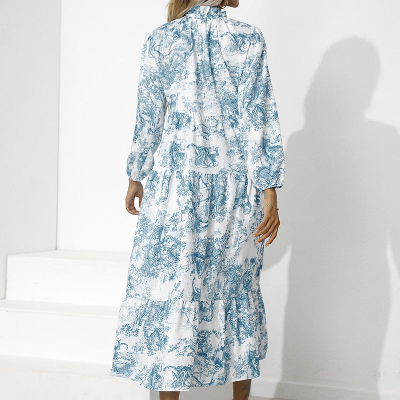 Elegante Losse Pasvorm Lange Mouw Bloemenprint Jurk | Herfst Feestkleding