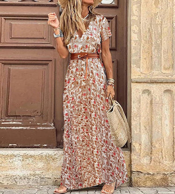 Summer V-neck Short Sleeve Boho Maxi Dress