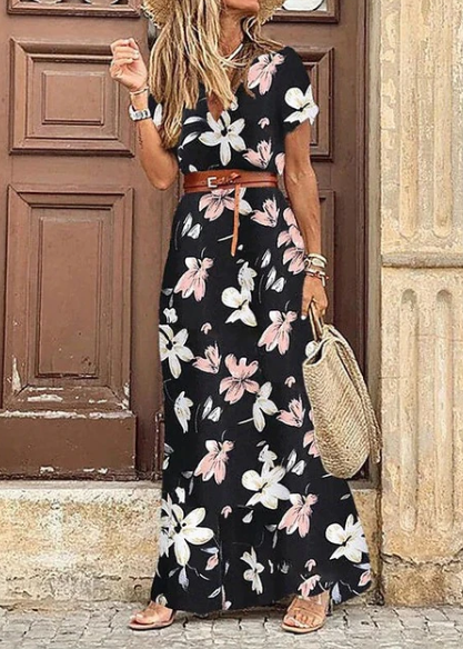 Summer V-neck Short Sleeve Boho Maxi Dress