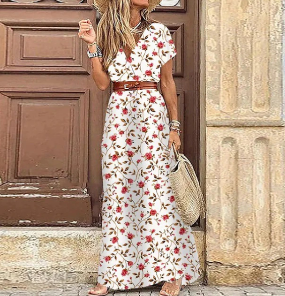 Summer V-neck Short Sleeve Boho Maxi Dress