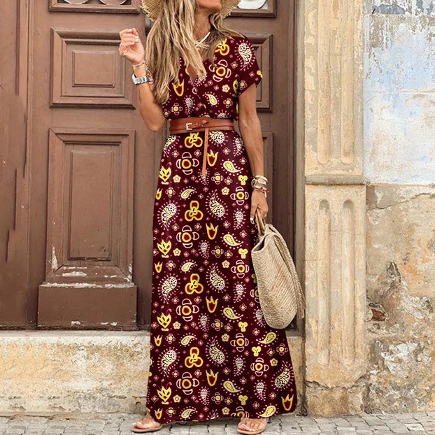 Summer V-neck Short Sleeve Boho Maxi Dress