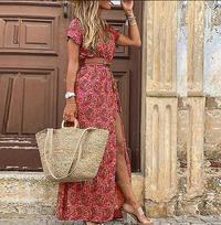 Summer V-neck Short Sleeve Boho Maxi Dress