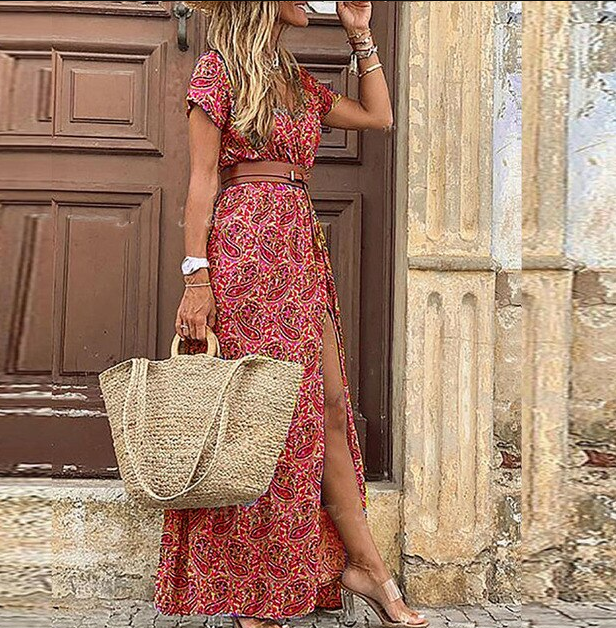 Summer V-neck Short Sleeve Boho Maxi Dress