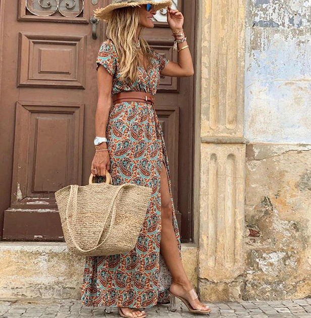 Summer V-neck Short Sleeve Boho Maxi Dress