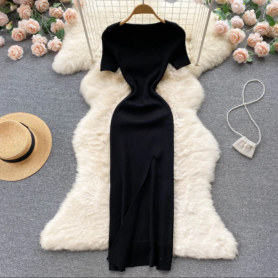 Chique Gebreide Jurk met Vierkante Halslijn | Korte Mouw Slanke Taille met Split