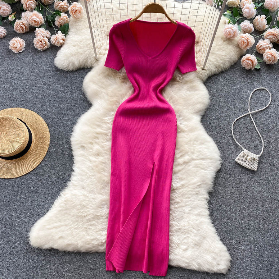 Chique Gebreide Jurk met Vierkante Halslijn | Korte Mouw Slanke Taille met Split