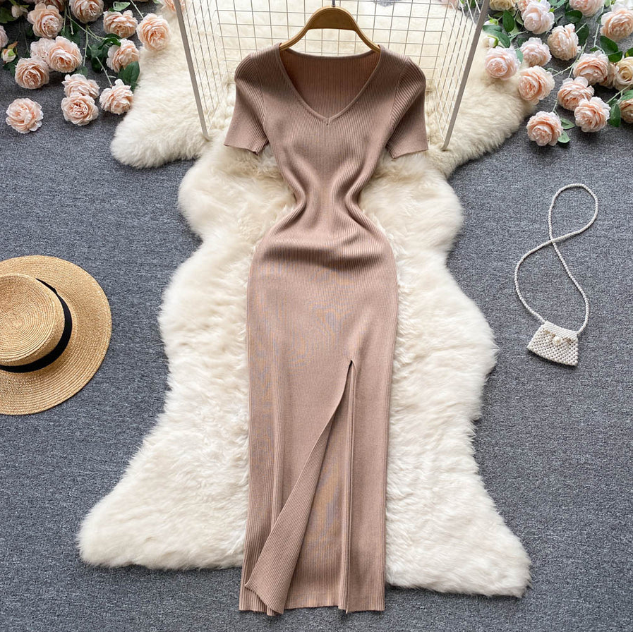 Chique Gebreide Jurk met Vierkante Halslijn | Korte Mouw Slanke Taille met Split