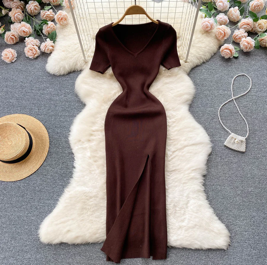 Chique Gebreide Jurk met Vierkante Halslijn | Korte Mouw Slanke Taille met Split