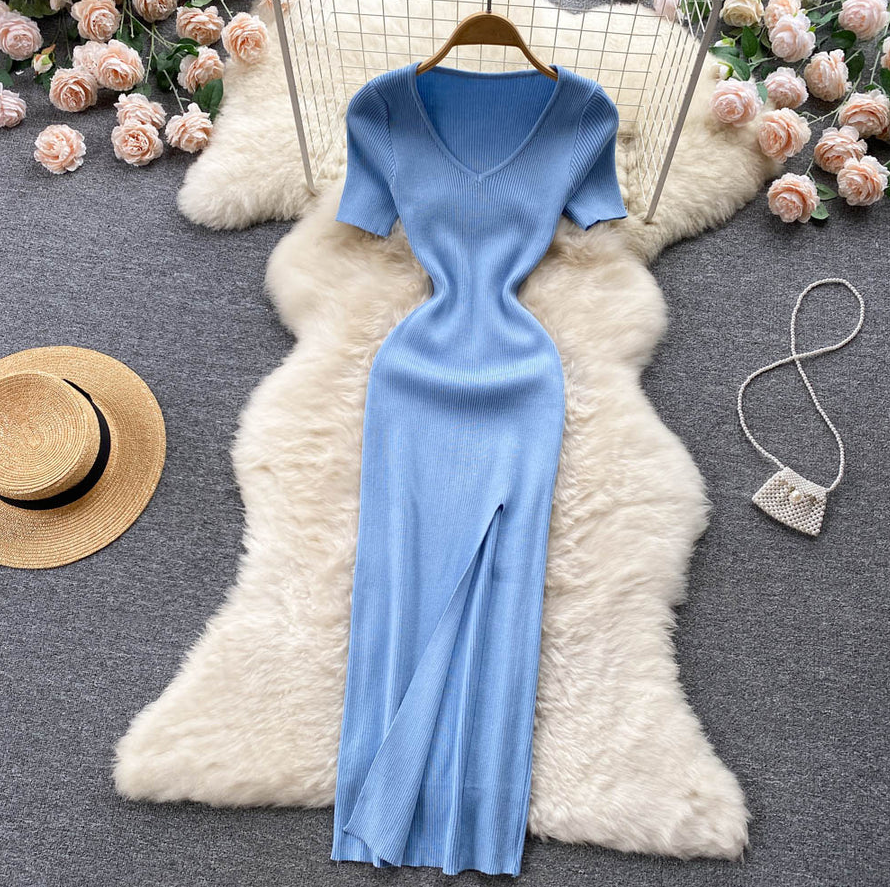 Chique Gebreide Jurk met Vierkante Halslijn | Korte Mouw Slanke Taille met Split