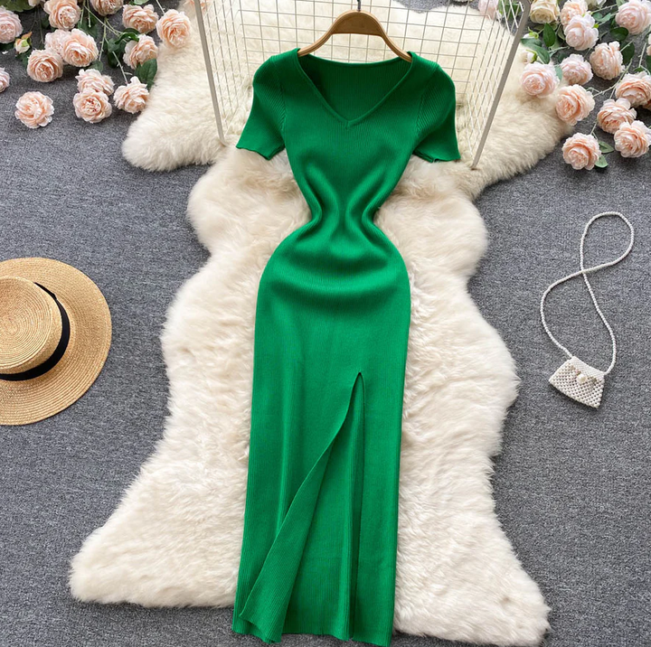 Chique Gebreide Jurk met Vierkante Halslijn | Korte Mouw Slanke Taille met Split