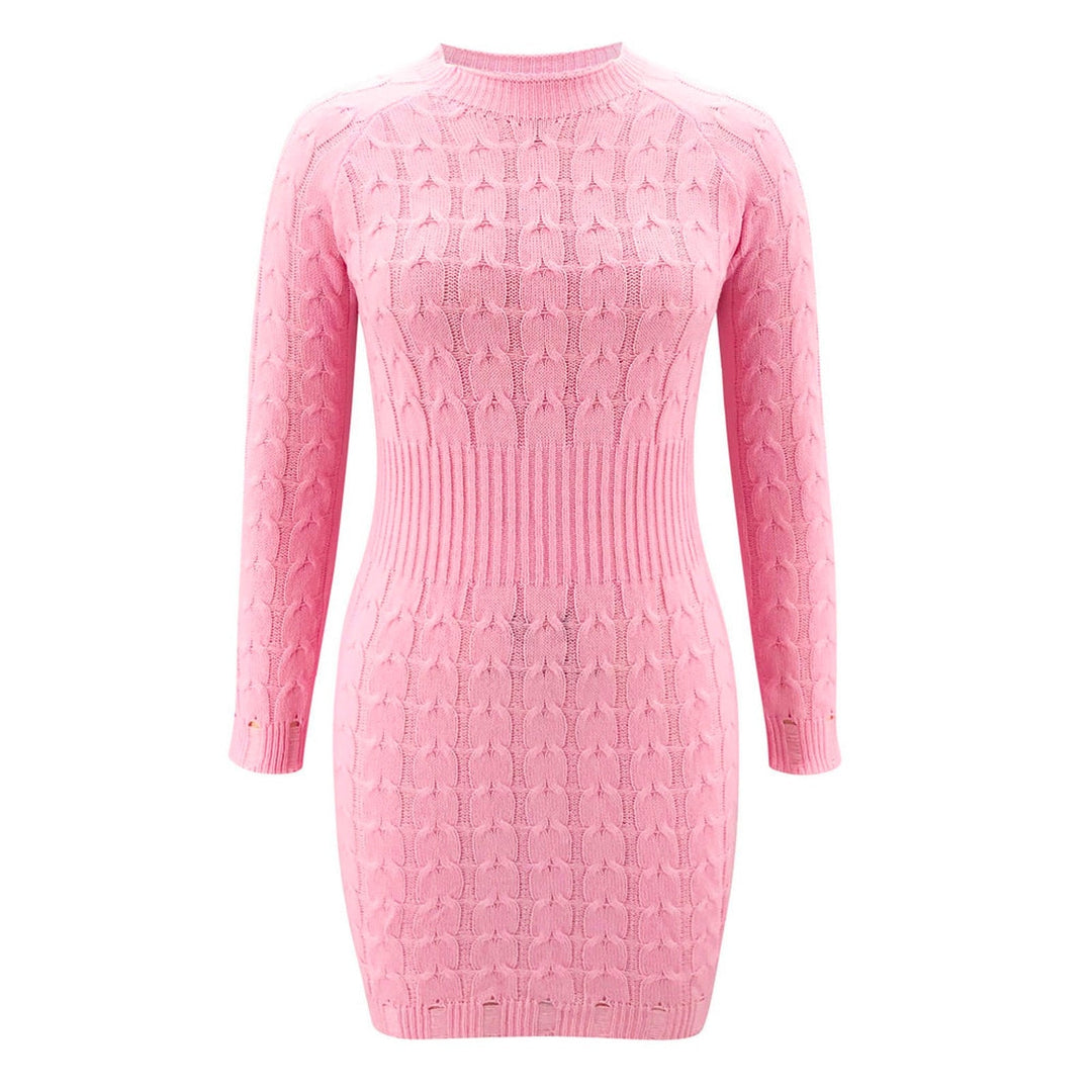 Gestricktes Kleid mit gedrehtem Muster und Taillenband | Herbst Winter Alltagskleidung