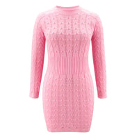 Gestricktes Kleid mit gedrehtem Muster und Taillenband | Herbst Winter Alltagskleidung