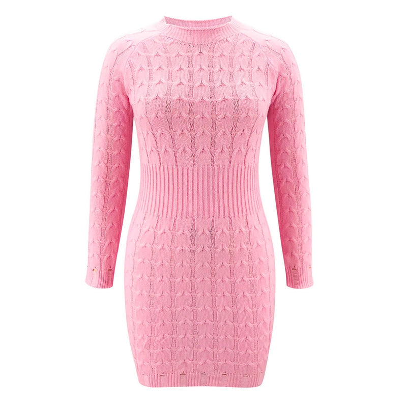 Gestricktes Kleid mit gedrehtem Muster und Taillenband | Herbst Winter Alltagskleidung