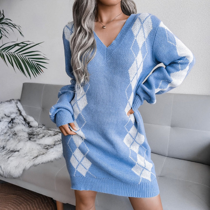 Herbst-Winter Trendiges Damen V-Ausschnitt Langarm Kariertes Pullover-Rock-Set