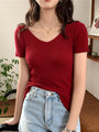 Sommer V-Ausschnitt Geripptes Slim Fit T-Shirt | Kurzarm Strickpullover