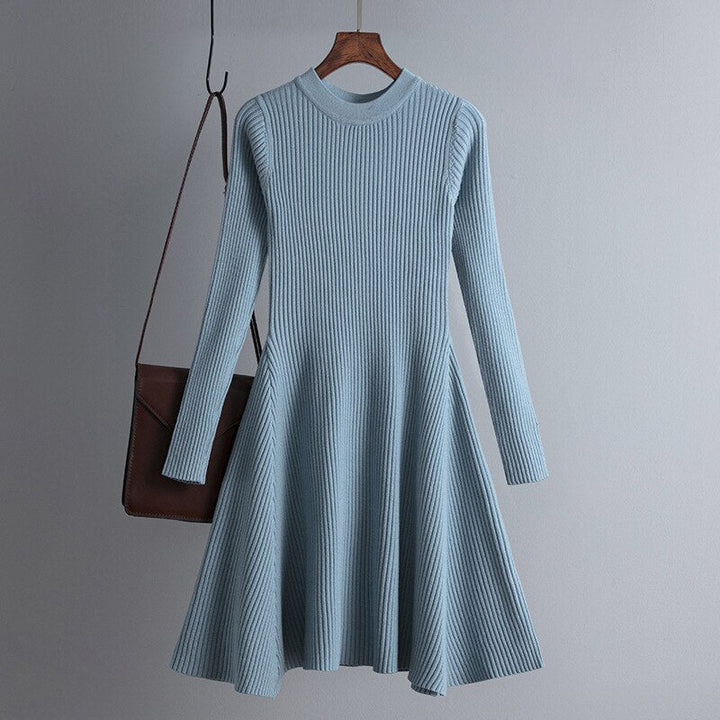 Chic O-Neck Long Sleeve Sweater Dress | Dikke Gebreide Mini Outfit