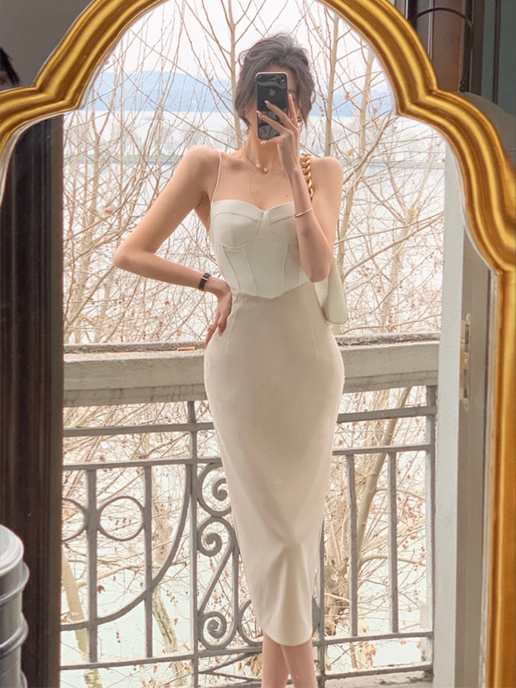 Luxuriöses Korsett gerafftes Spaghettiträger Bodycon Midikleid | Elegantes enges Abendkleid für Partys