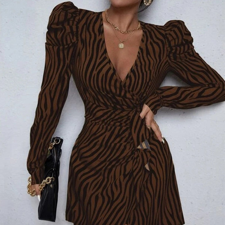 Elegante V-Hals Kantoorjurk | Gestreepte Lange Mouwen Minirok