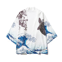 Japanese Wave Carp Print Coat Traditional
