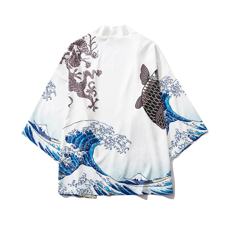 Japanese Wave Carp Print Coat Traditional