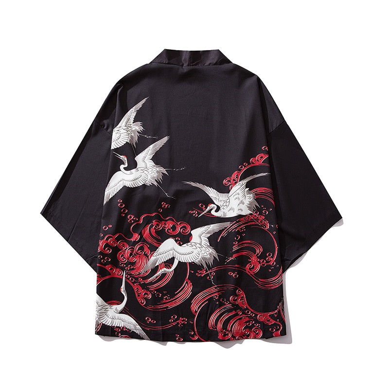 Japanese Wave Carp Print Coat Traditional