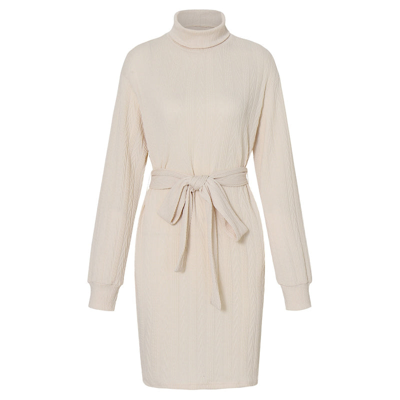 Slim Fit Rollkragen Mini Kleid mit langen Ärmeln | Taillierter Strick mit Gürtel