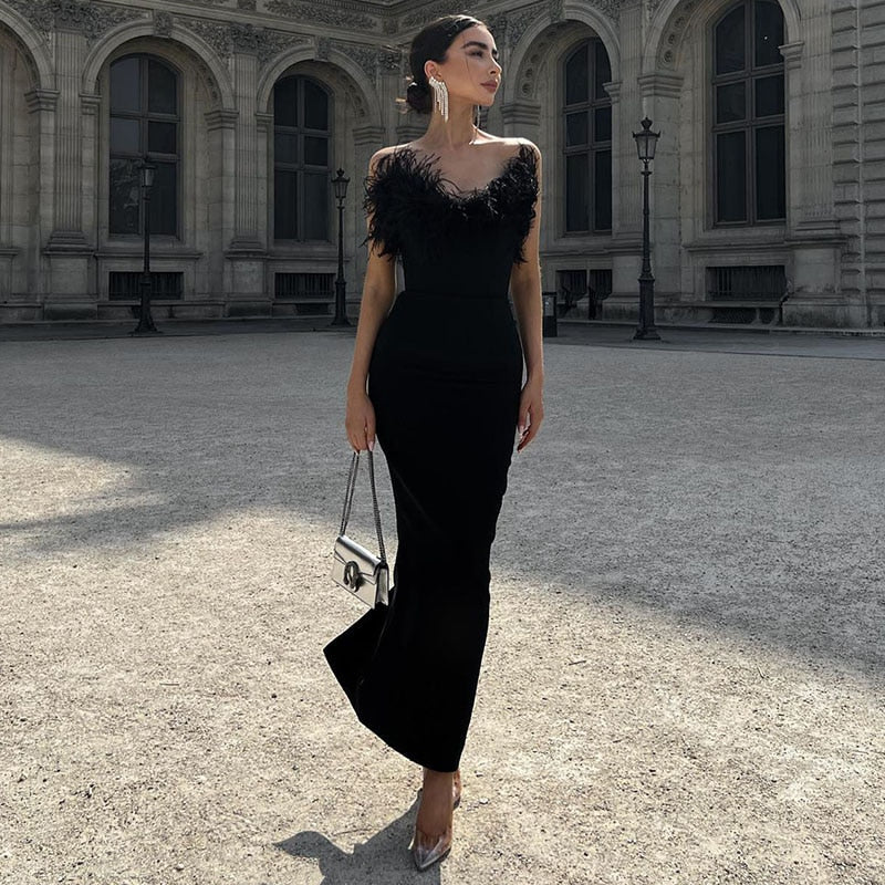 Sexy Trägerloses Feder-Bodycon-Kleid | Rückenfreies Midi-Bandage-Party-Kleid