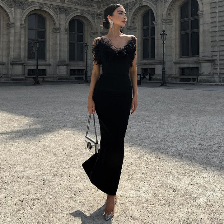 Sexy Trägerloses Feder-Bodycon-Kleid | Rückenfreies Midi-Bandage-Party-Kleid