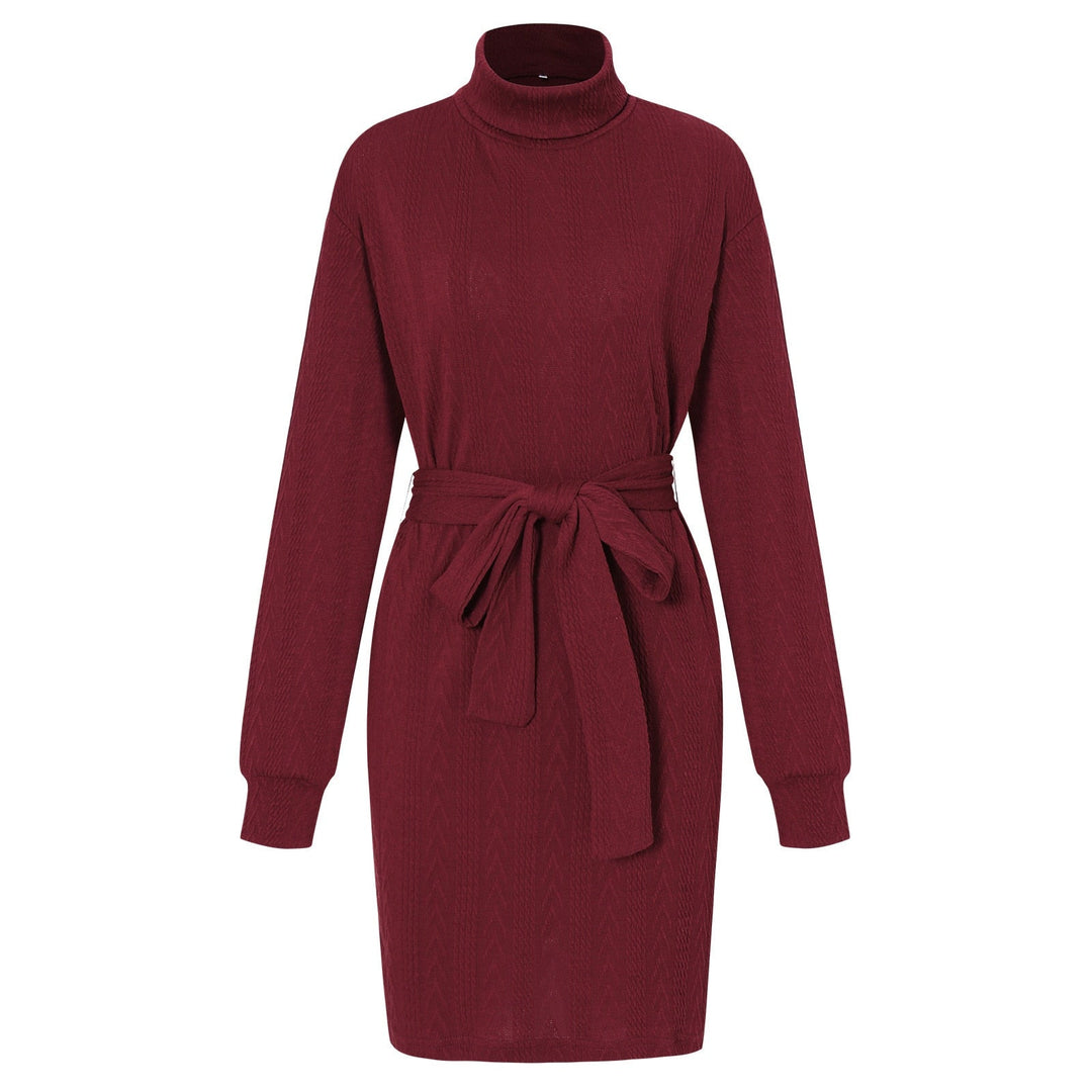 Slim Fit Rollkragen Mini Kleid mit langen Ärmeln | Taillierter Strick mit Gürtel