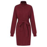 Slim Fit Rollkragen Mini Kleid mit langen Ärmeln | Taillierter Strick mit Gürtel